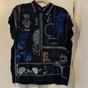 Johnny Was Black Blouse with Colorful Embroidery